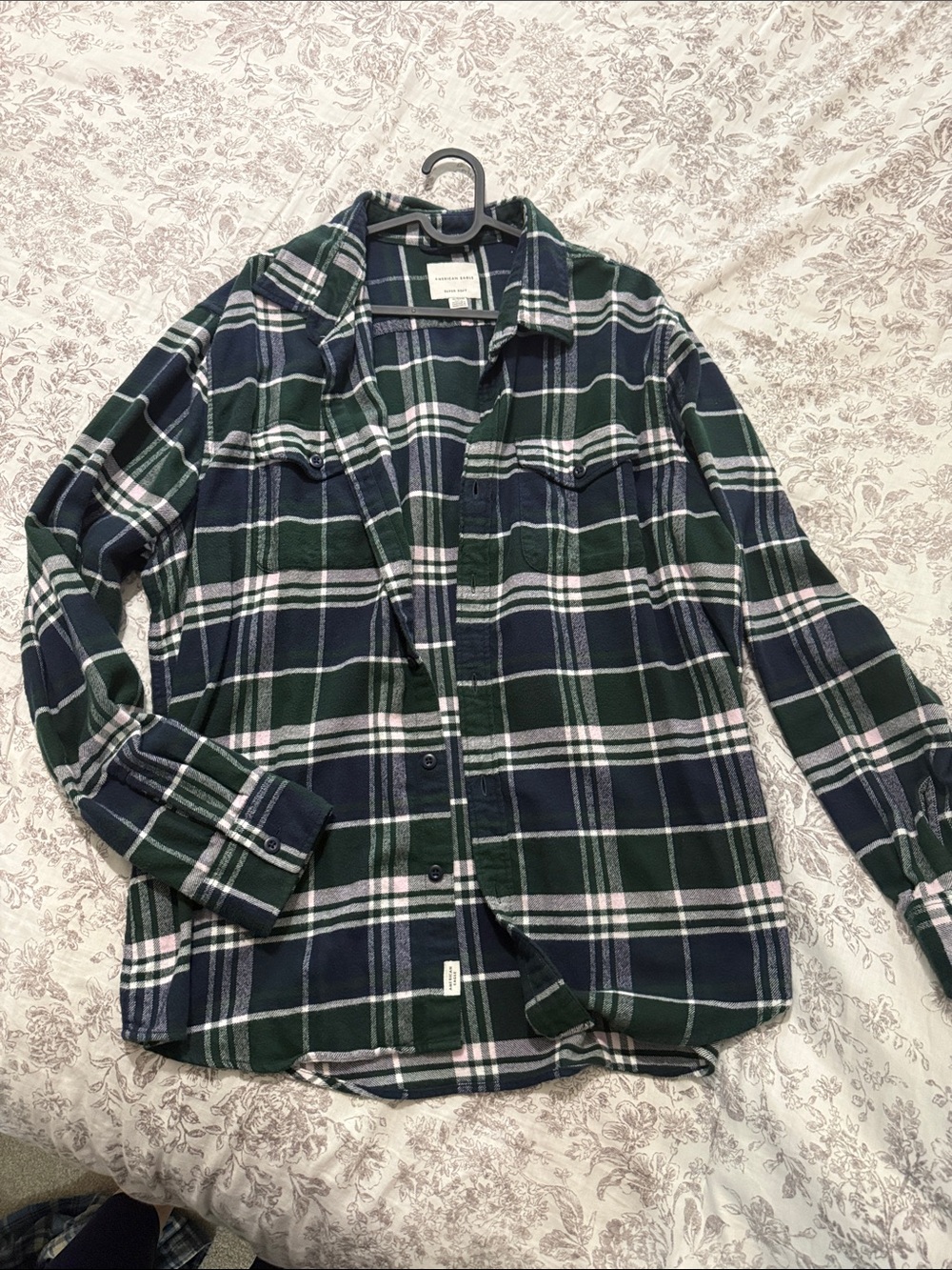 American Eagle Men's Green & Navy and Pink Plaid Button-Up Shirt